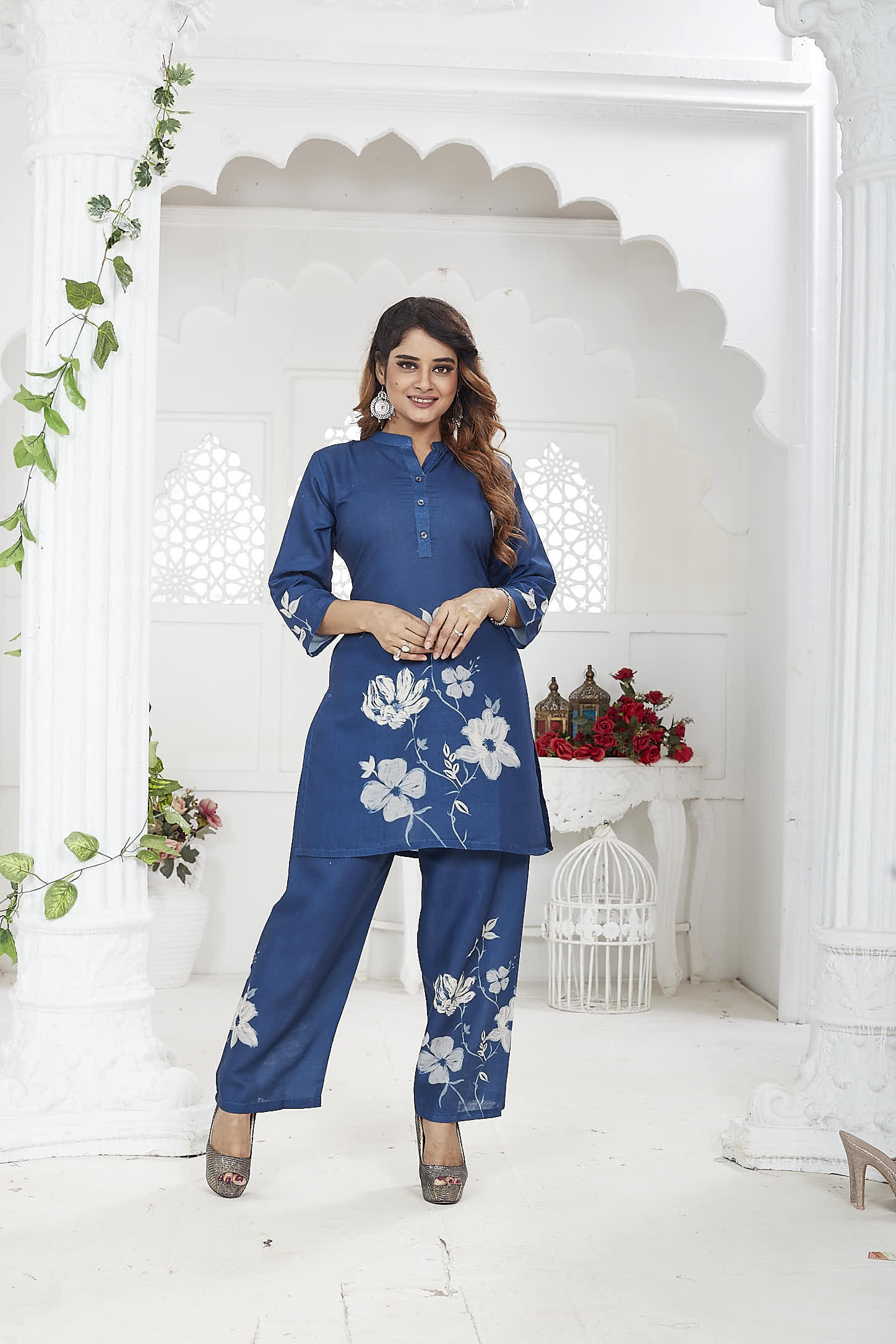 Navy Blue Floral Linen Khadi Co-ord Set for Women