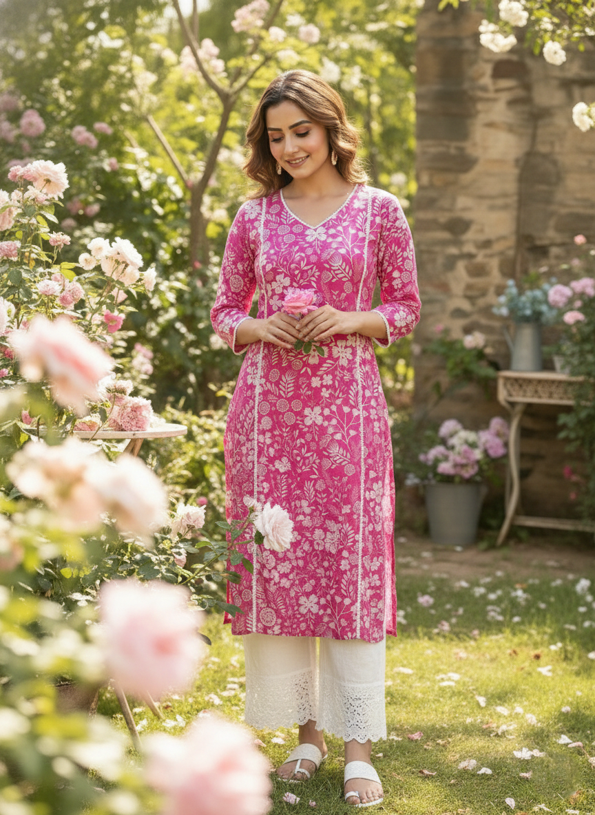 Women’s Pure Cotton Kurta with Lace Work With Palazzo - Pink Floral