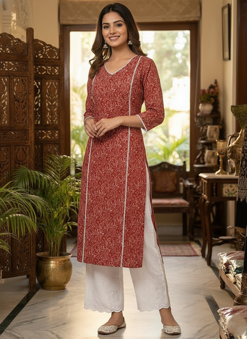 Women’s Pure Red Cotton Kurta with Lace Work & Palazzo
