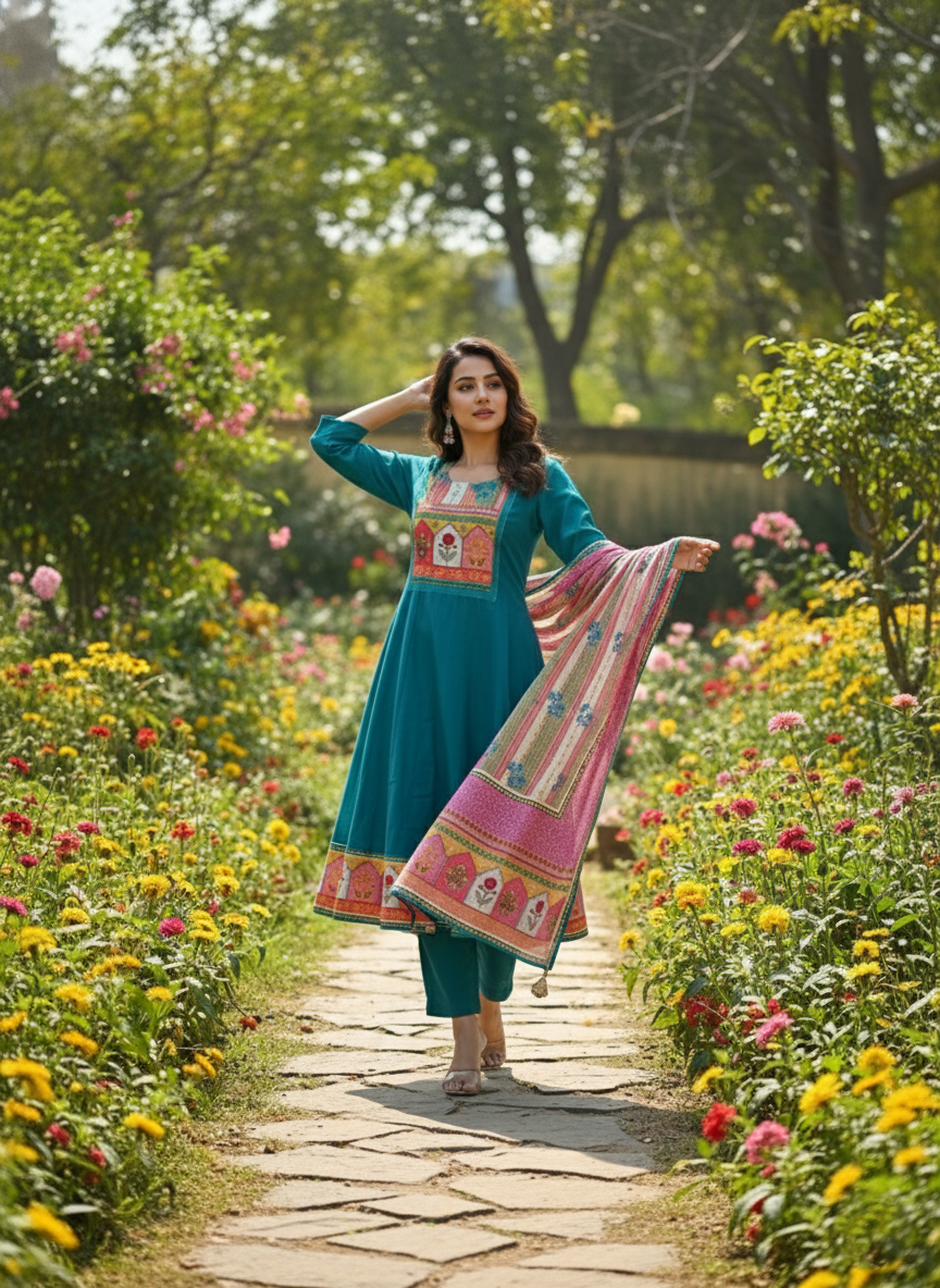 Elegant Green Mul Chanderi 3-Piece Suit Set