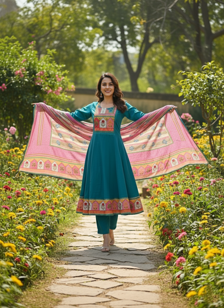Elegant Green Mul Chanderi 3-Piece Suit Set