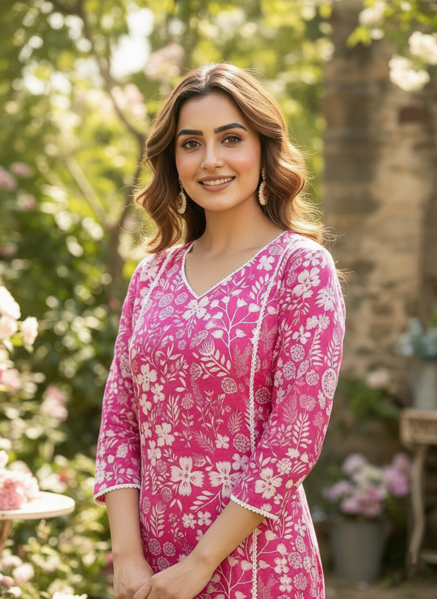 Women’s Pure Cotton Kurta with Lace Work With Palazzo - Pink Floral