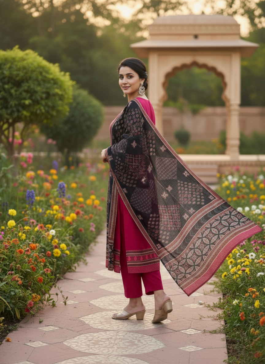 Maroon & Black Mulchderi Suit Set for Women