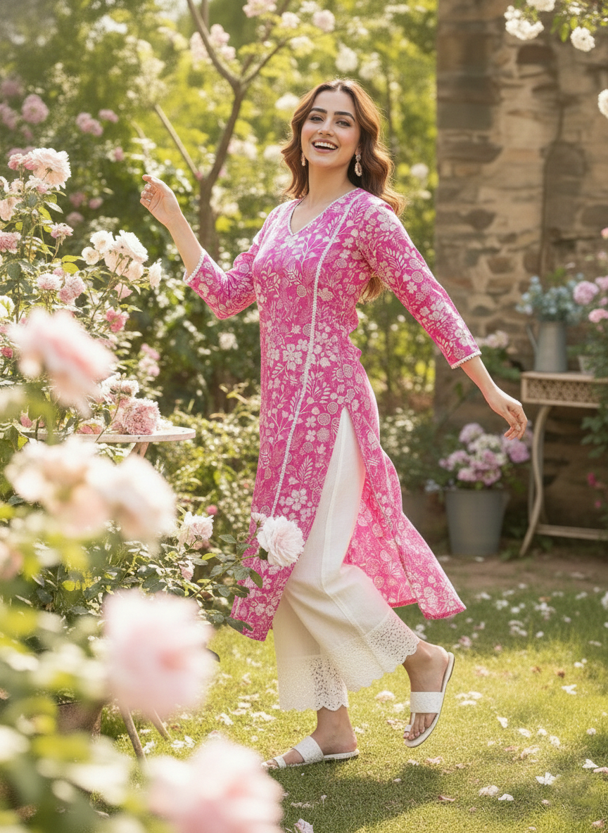 Women’s Pure Cotton Kurta with Lace Work With Palazzo - Pink Floral