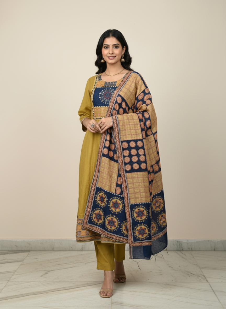 Elegant Mustard Mul Chanderi 3-Piece Suit Set