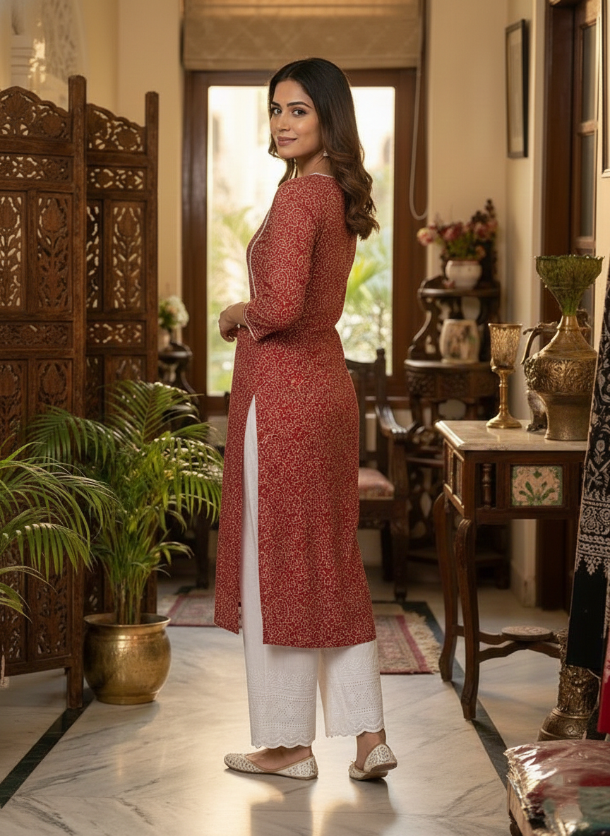 Women’s Pure Red Cotton Kurta with Lace Work & Palazzo