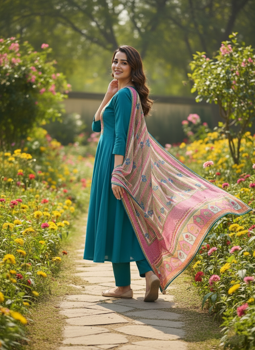 Elegant Green Mul Chanderi 3-Piece Suit Set