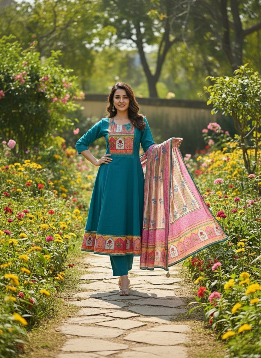Elegant Green Mul Chanderi 3-Piece Suit Set