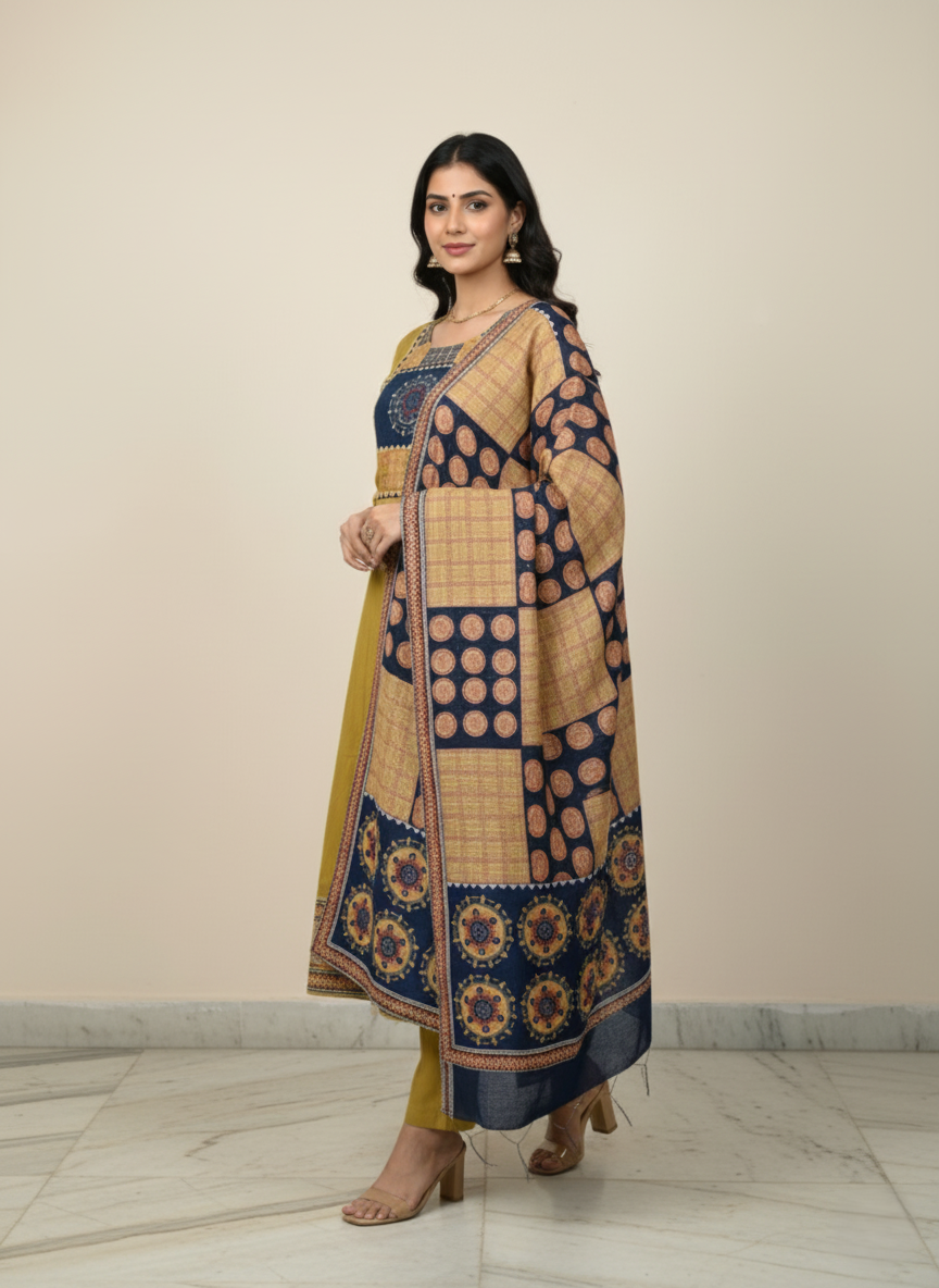 Elegant Mustard Mul Chanderi 3-Piece Suit Set