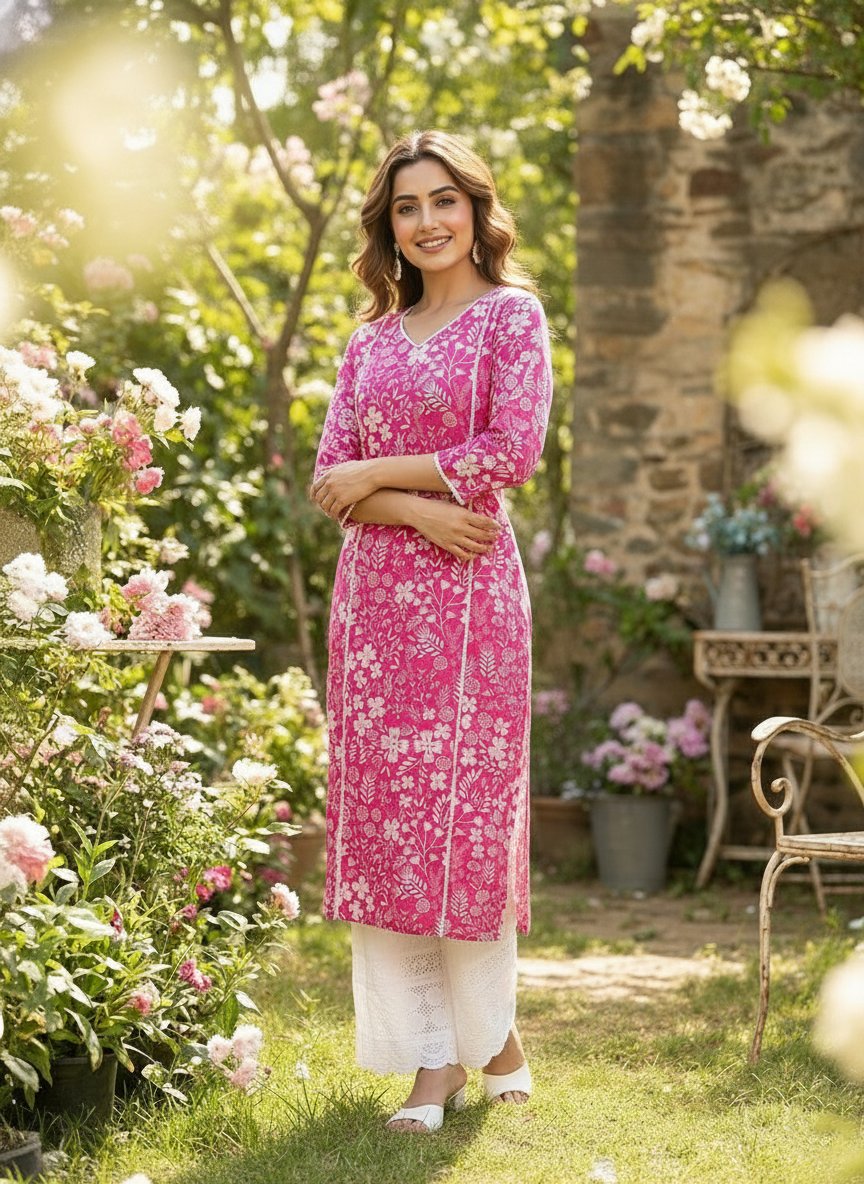 Women’s Pure Cotton Kurta with Lace Work With Palazzo - Pink Floral