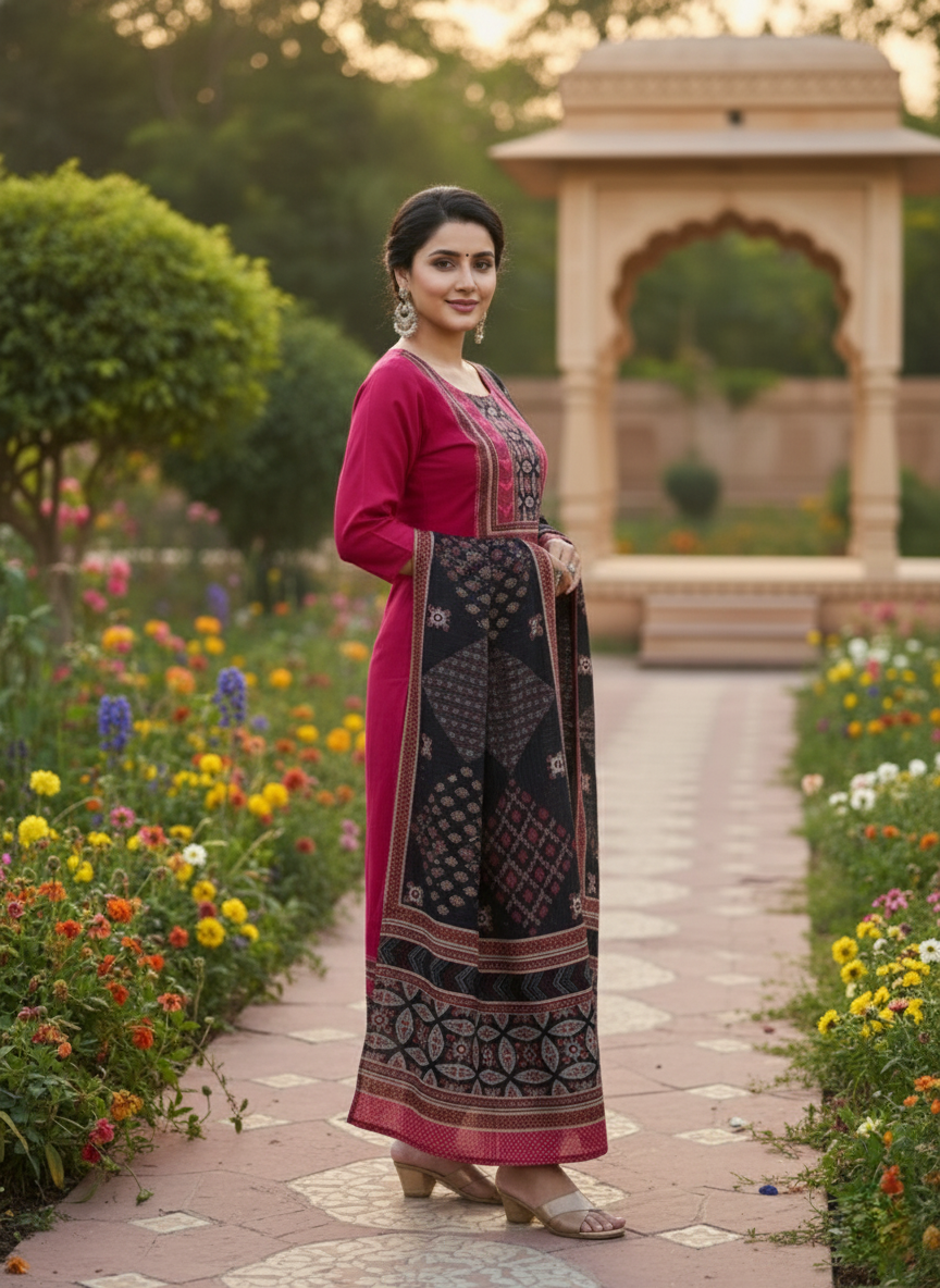 Maroon & Black Mulchderi Suit Set for Women