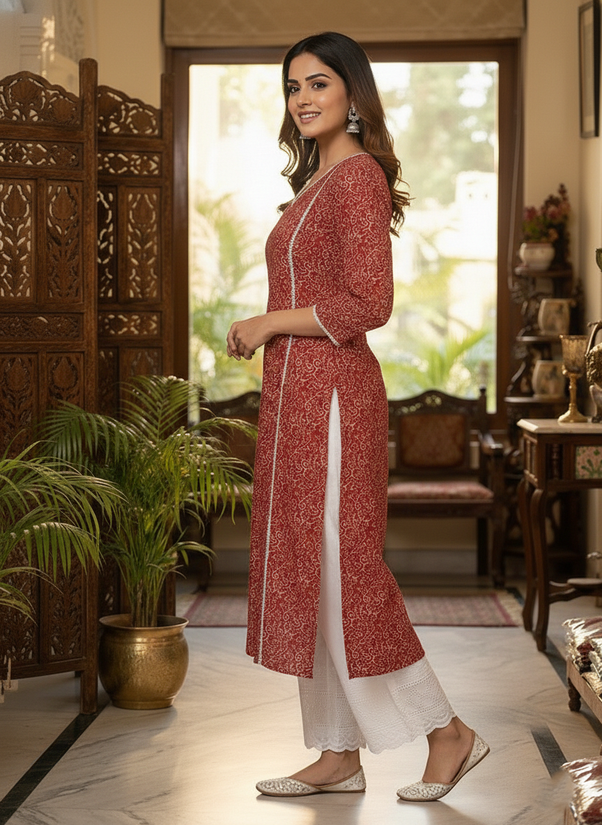 Women’s Pure Red Cotton Kurta with Lace Work & Palazzo
