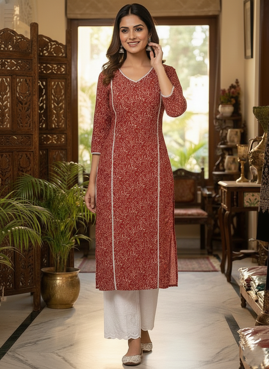 Women’s Pure Red Cotton Kurta with Lace Work & Palazzo