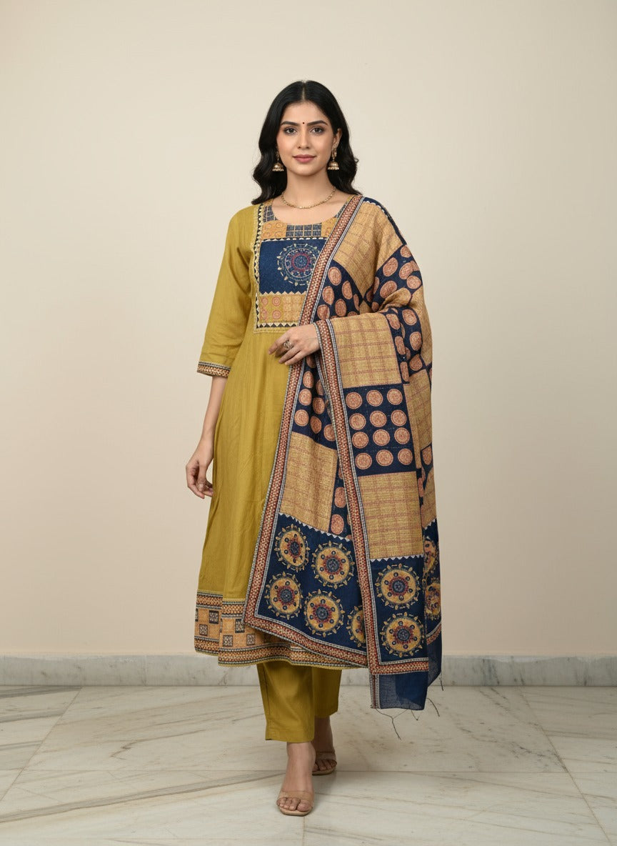 Elegant Mustard Mul Chanderi 3-Piece Suit Set