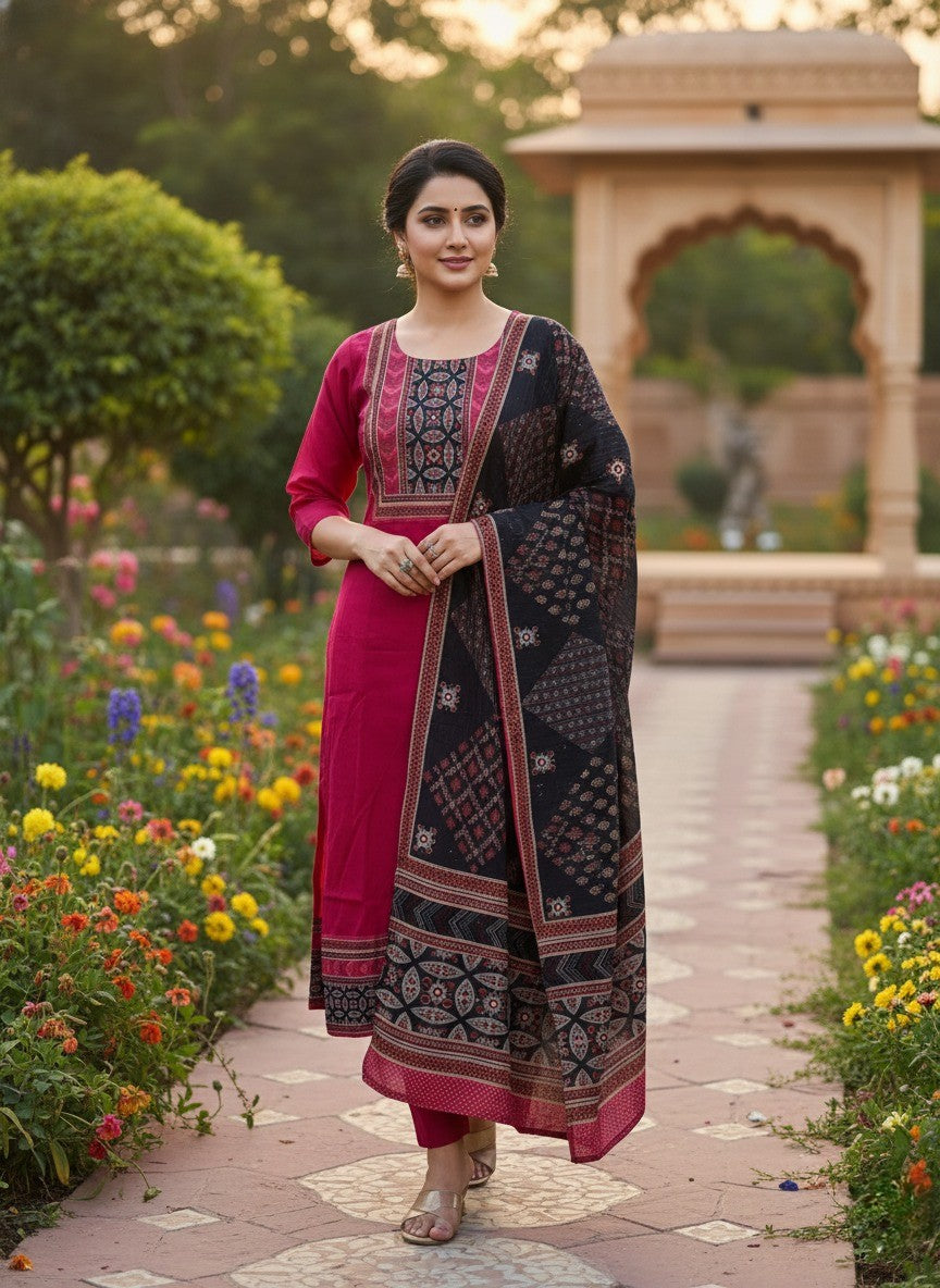 Maroon & Black Mulchderi Suit Set for Women