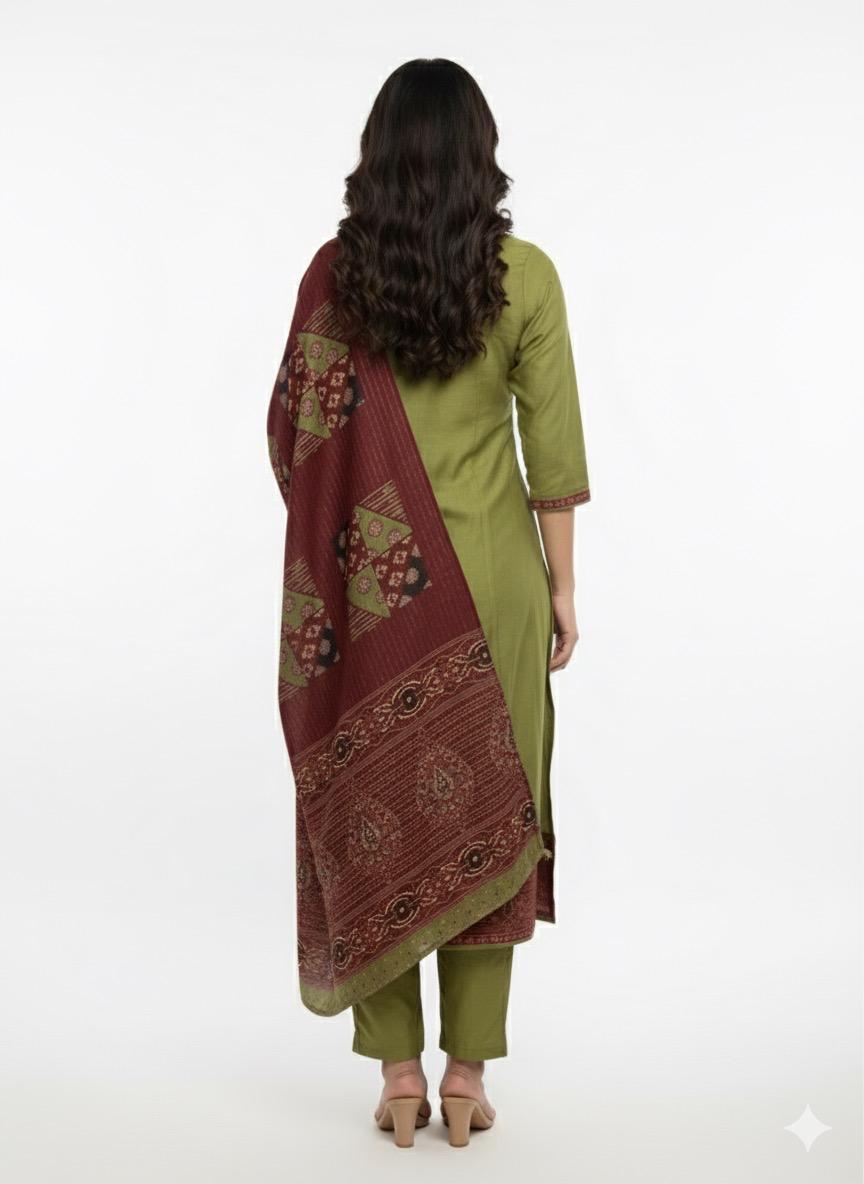 Mul Chanderi Suit Set For Women - Olive