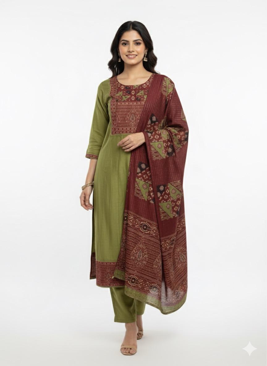 Mul Chanderi Suit Set For Women - Olive