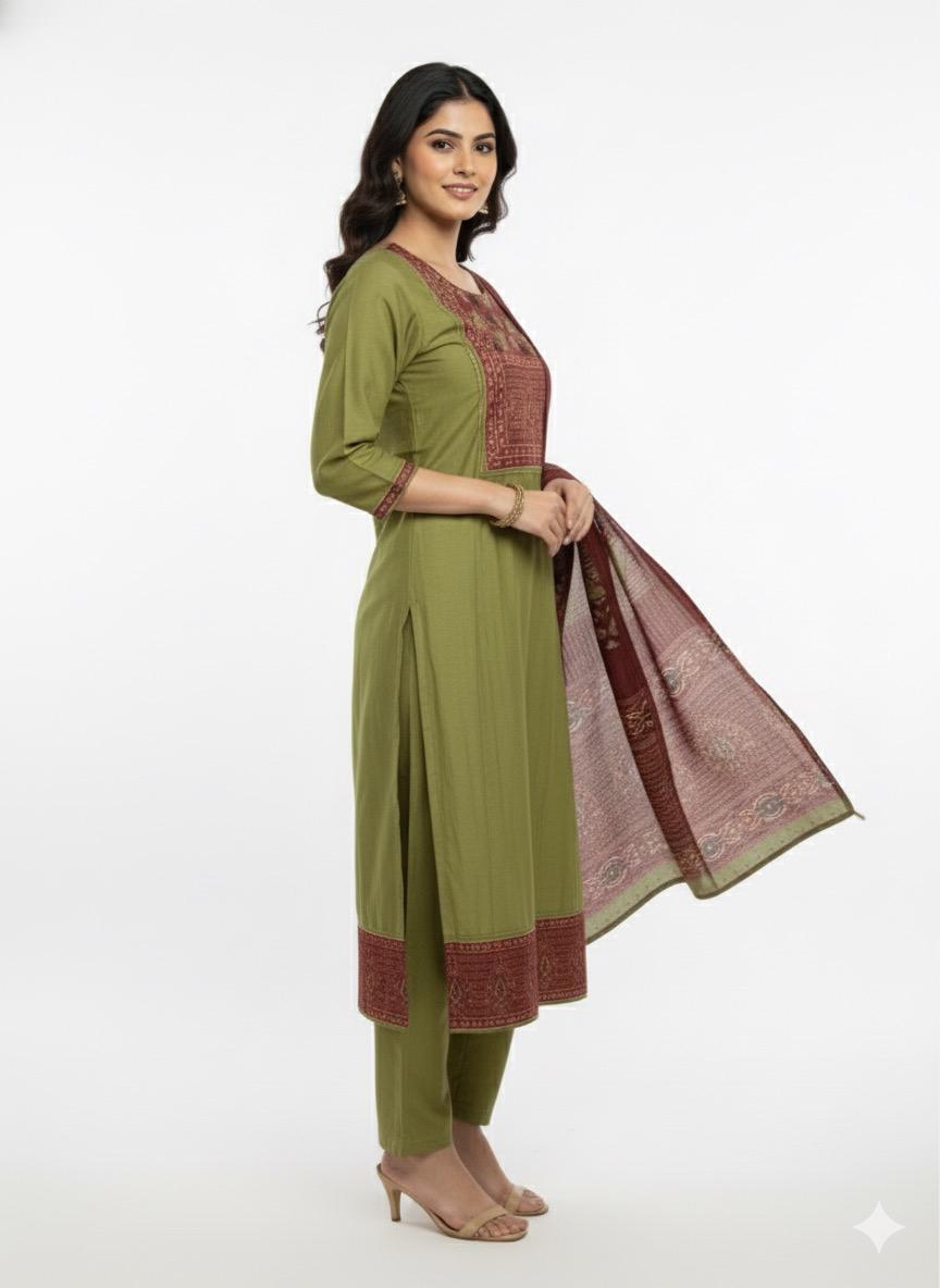 Mul Chanderi Suit Set For Women - Olive
