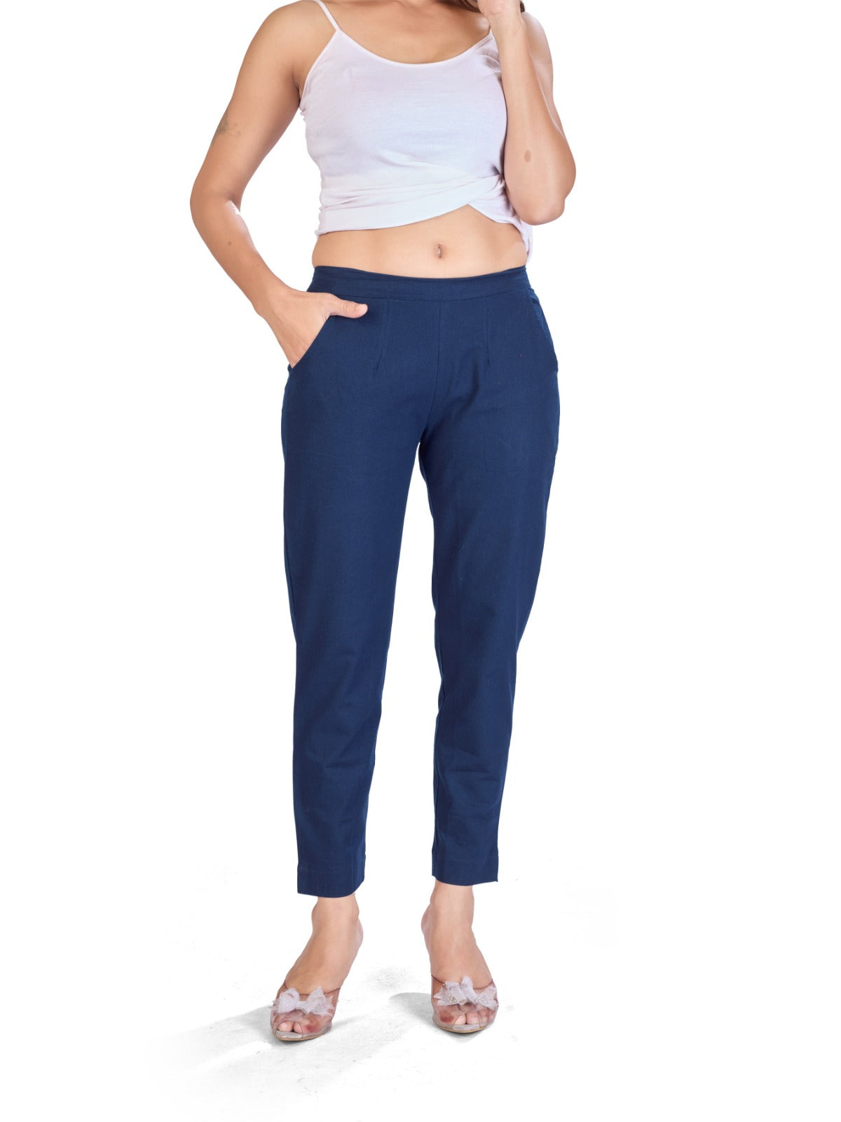 Elegant Navy Blue Cotton Pants for Women
