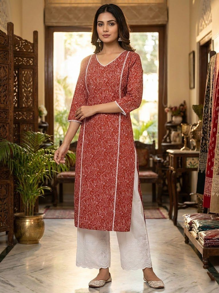 Women’s Pure Red Cotton Kurta with Lace Work & Palazzo