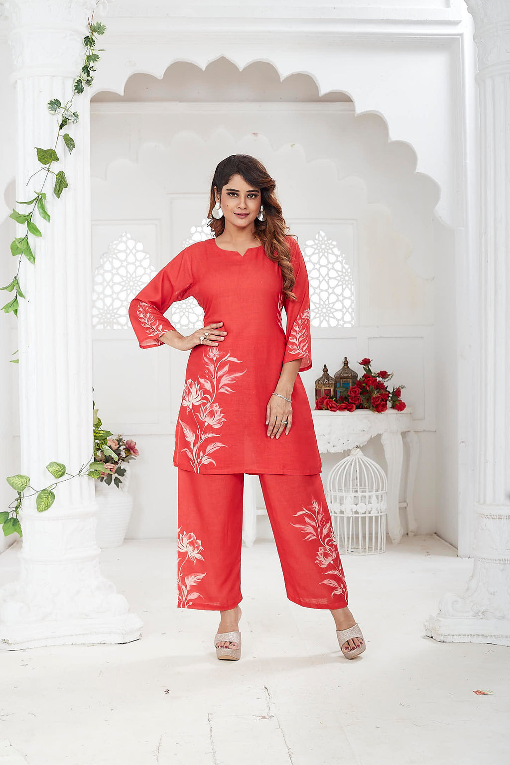 JINA - Red Linen Khadi Floral Co-ord Set for Women