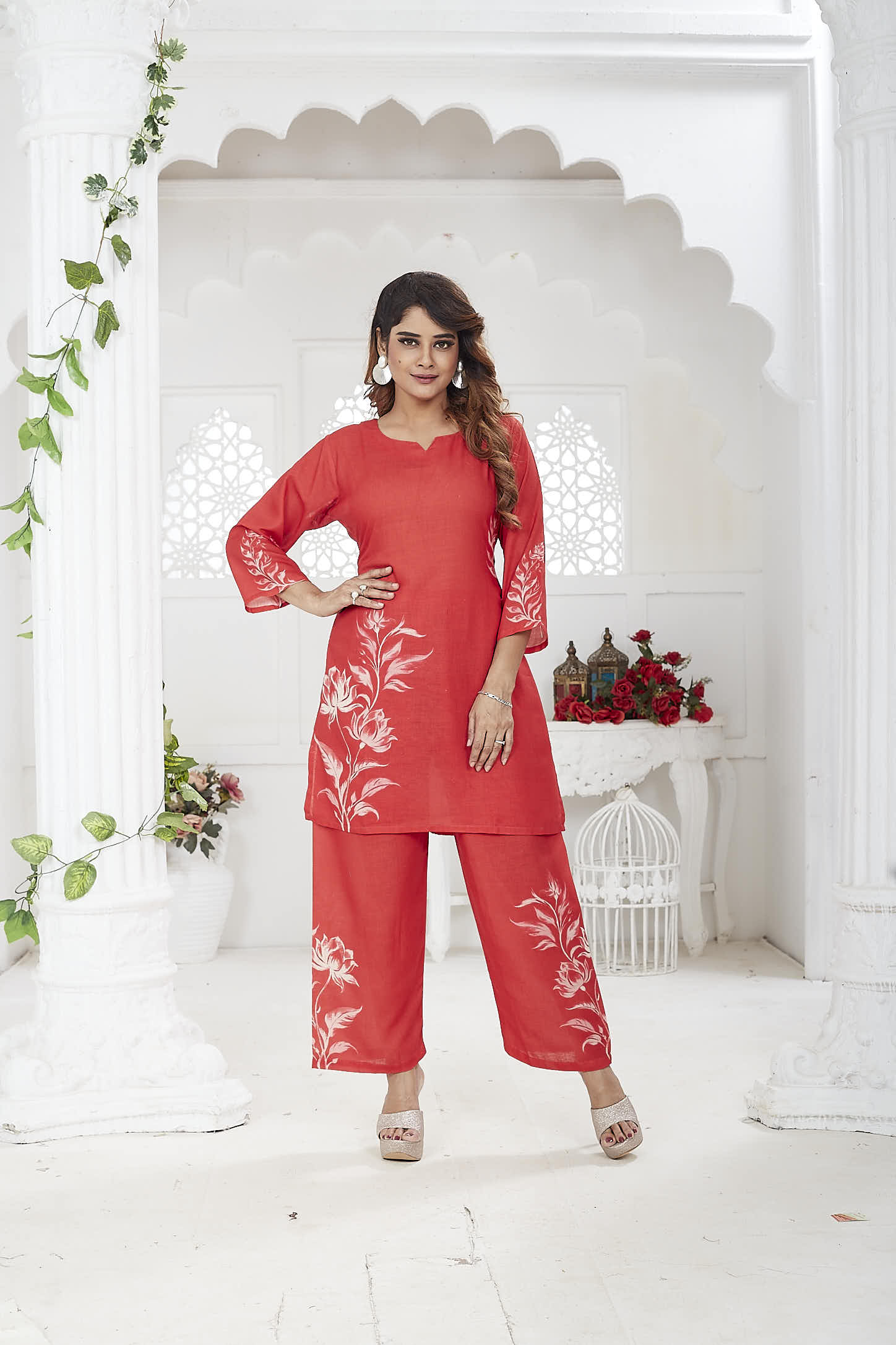 JINA - Red Linen Khadi Floral Co-ord Set for Women