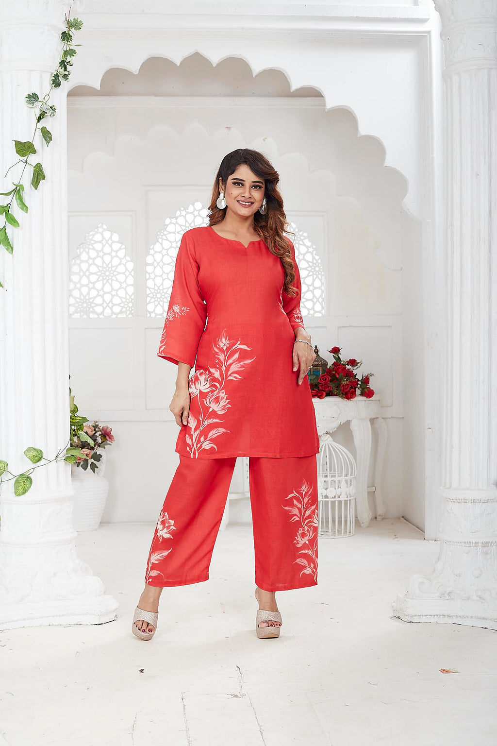 JINA - Red Linen Khadi Floral Co-ord Set for Women