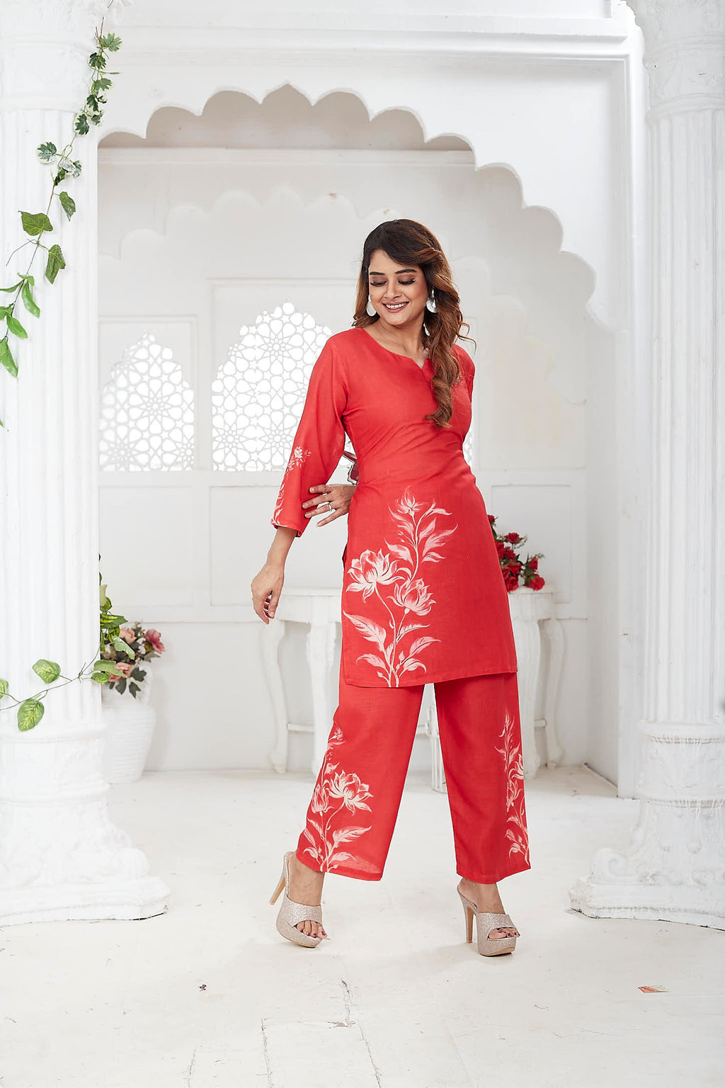 JINA - Red Linen Khadi Floral Co-ord Set for Women