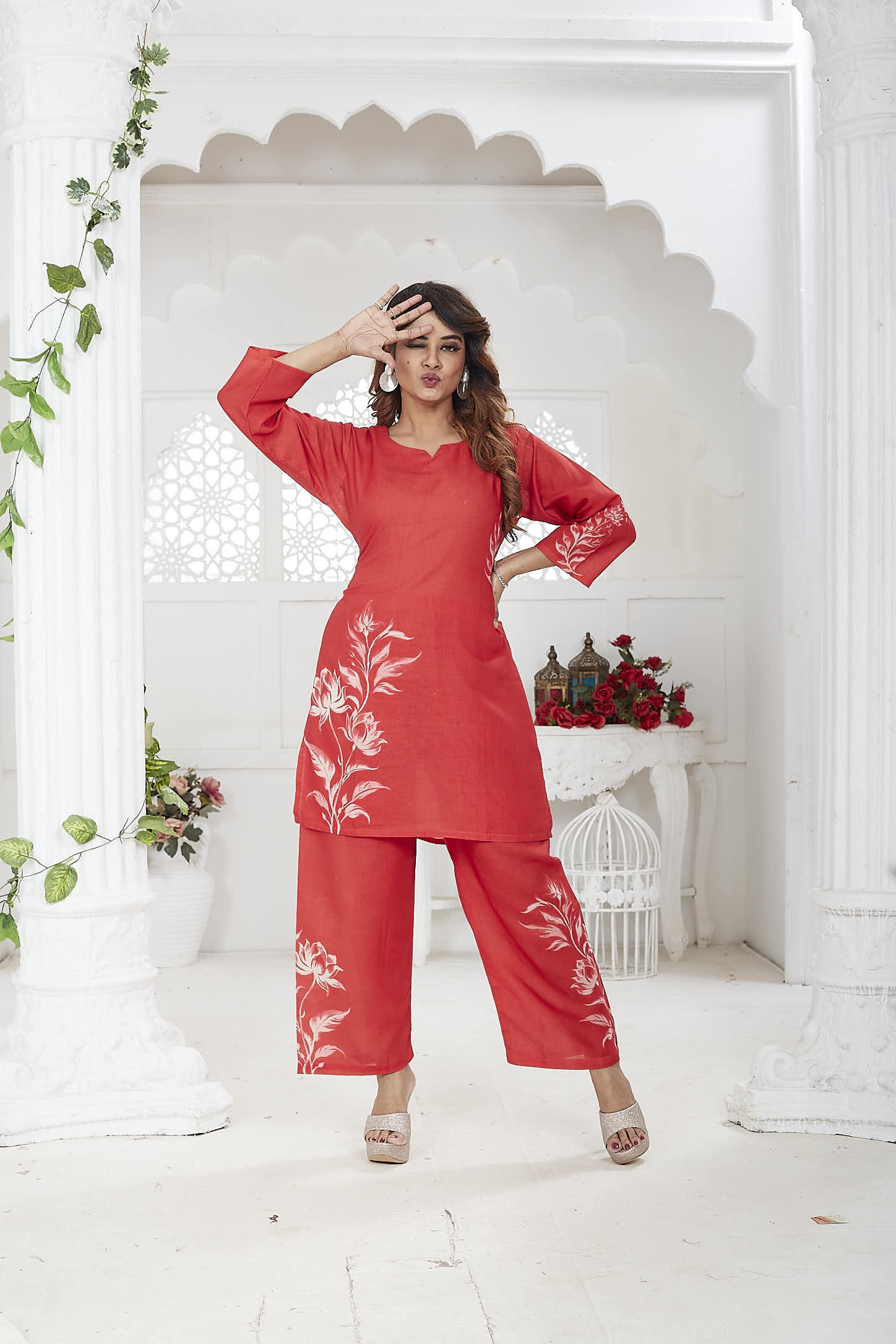 JINA - Red Linen Khadi Floral Co-ord Set for Women