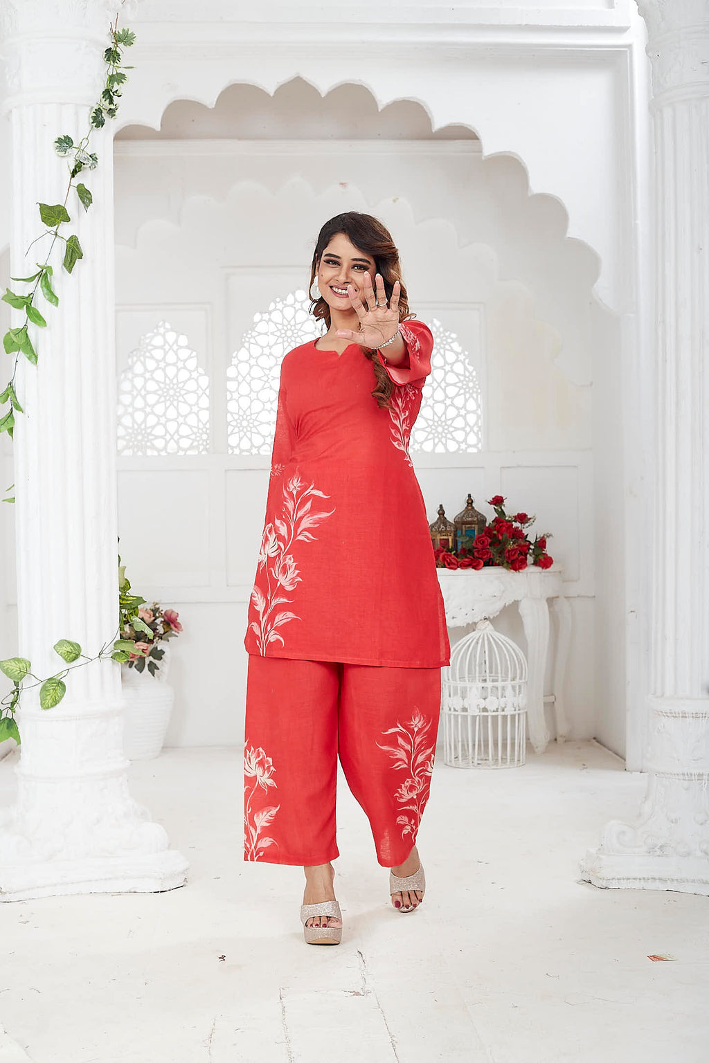 JINA - Red Linen Khadi Floral Co-ord Set for Women