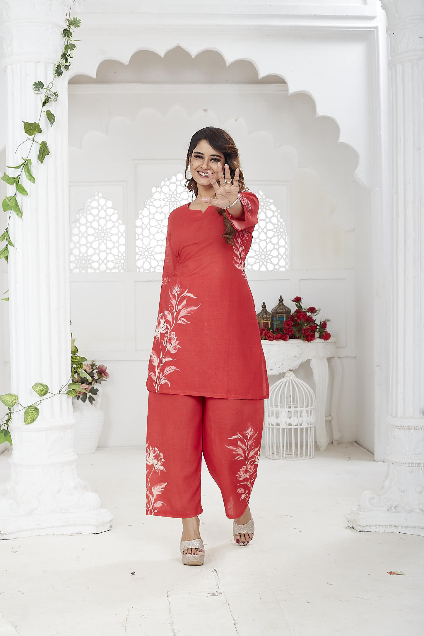 JINA - Red Linen Khadi Floral Co-ord Set for Women