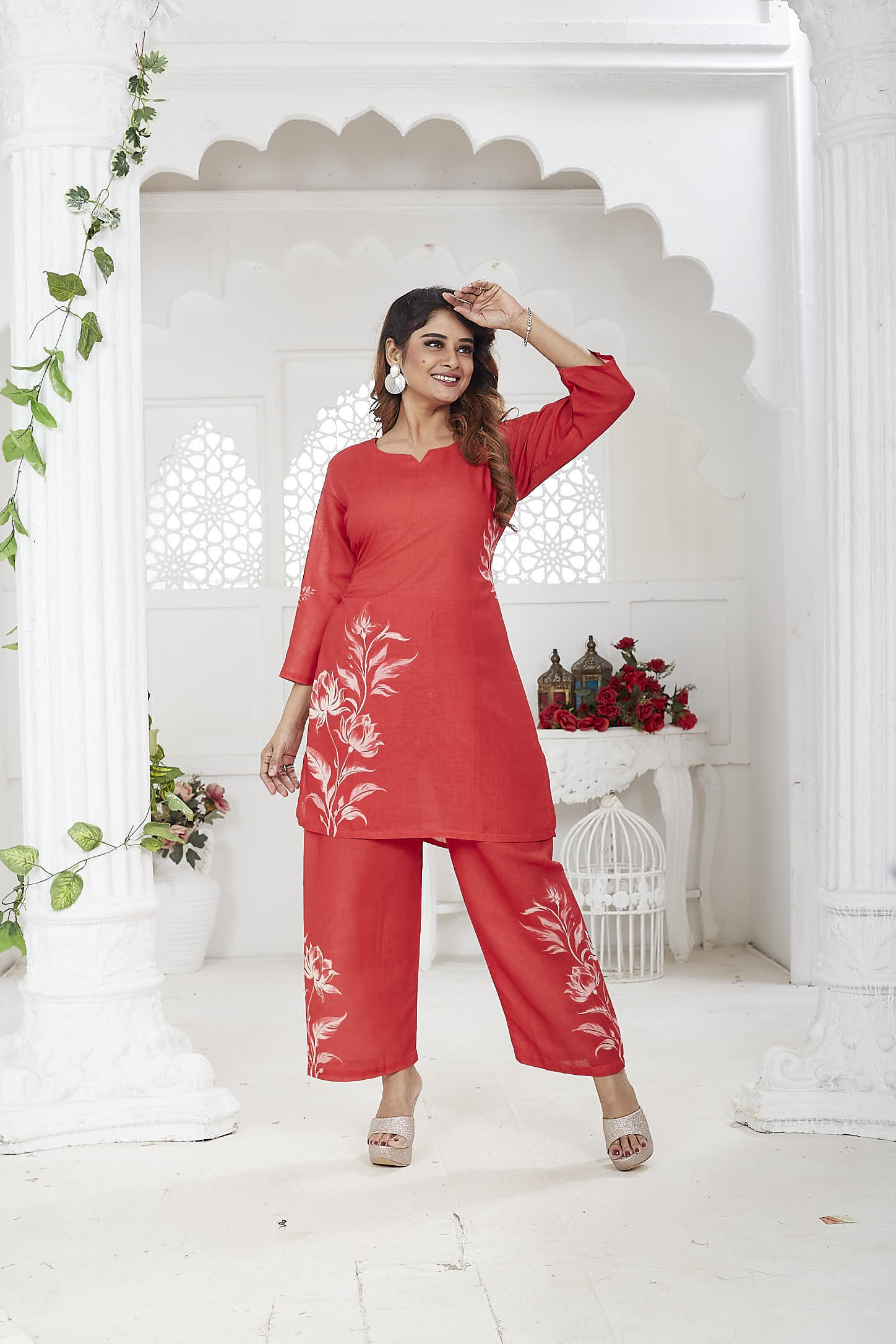 JINA - Red Linen Khadi Floral Co-ord Set for Women