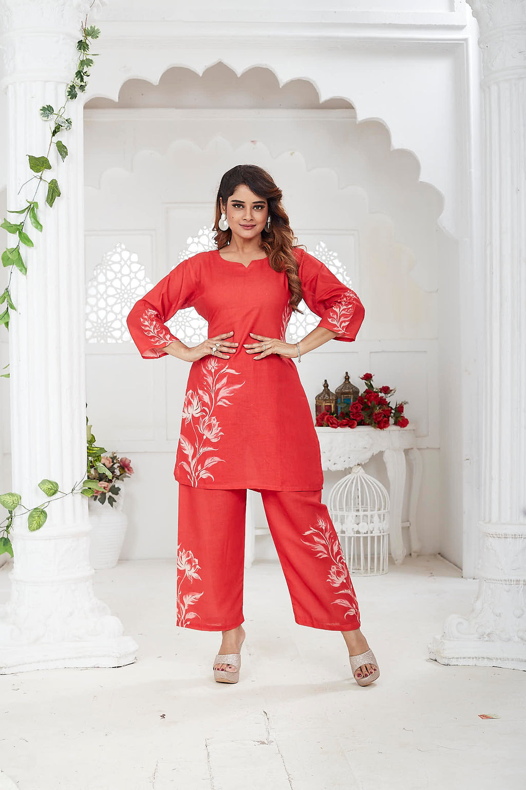 JINA - Red Linen Khadi Floral Co-ord Set for Women