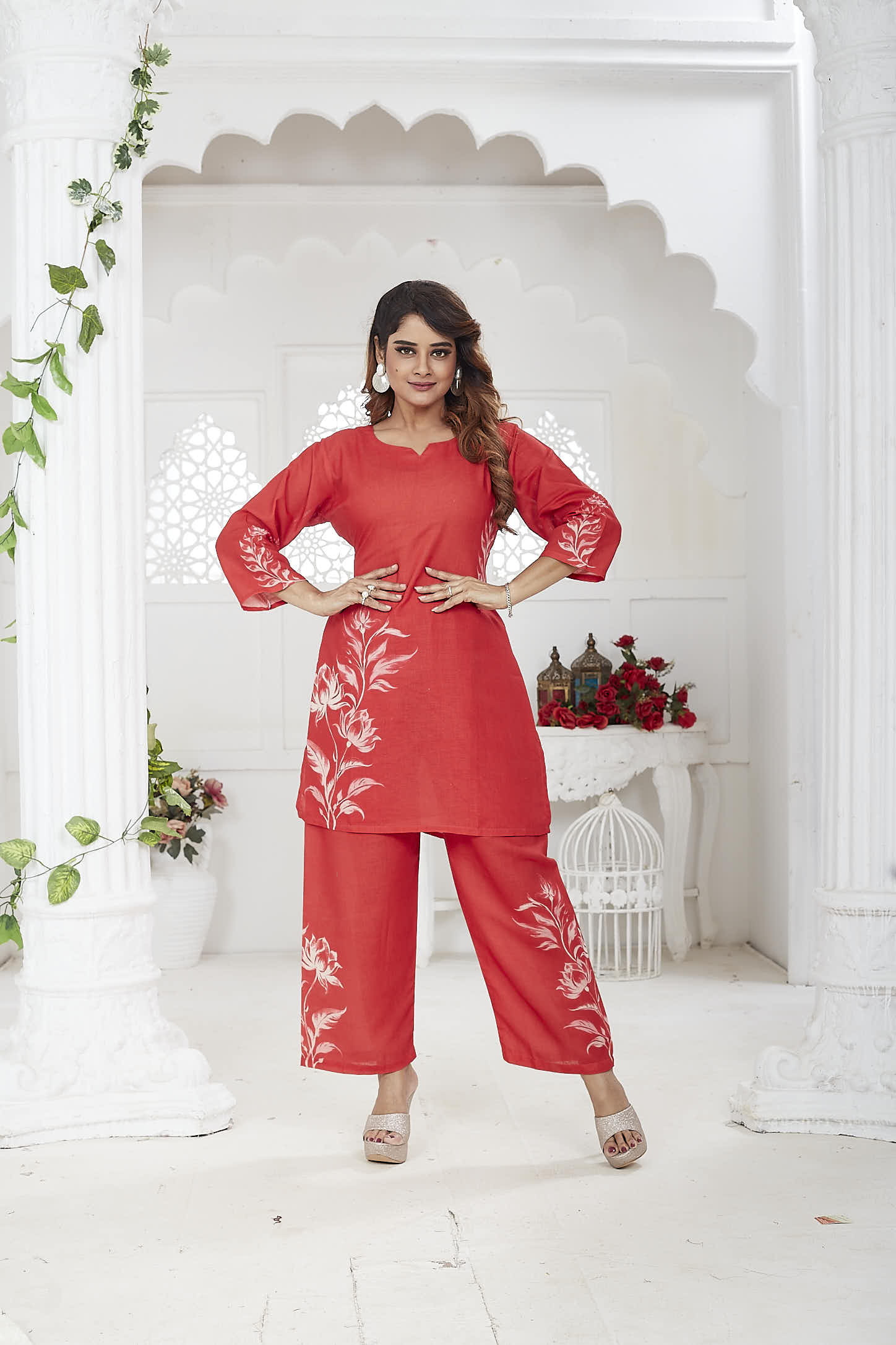 JINA - Red Linen Khadi Floral Co-ord Set for Women