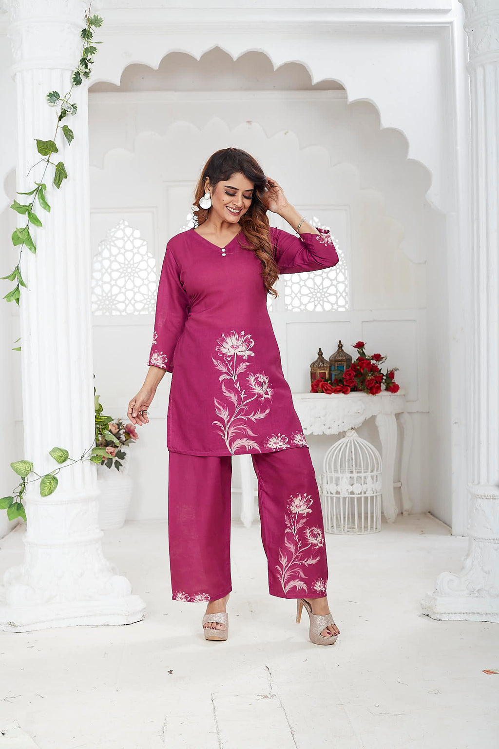 Magenta Linen Khadi Floral Co-ord Set for Women