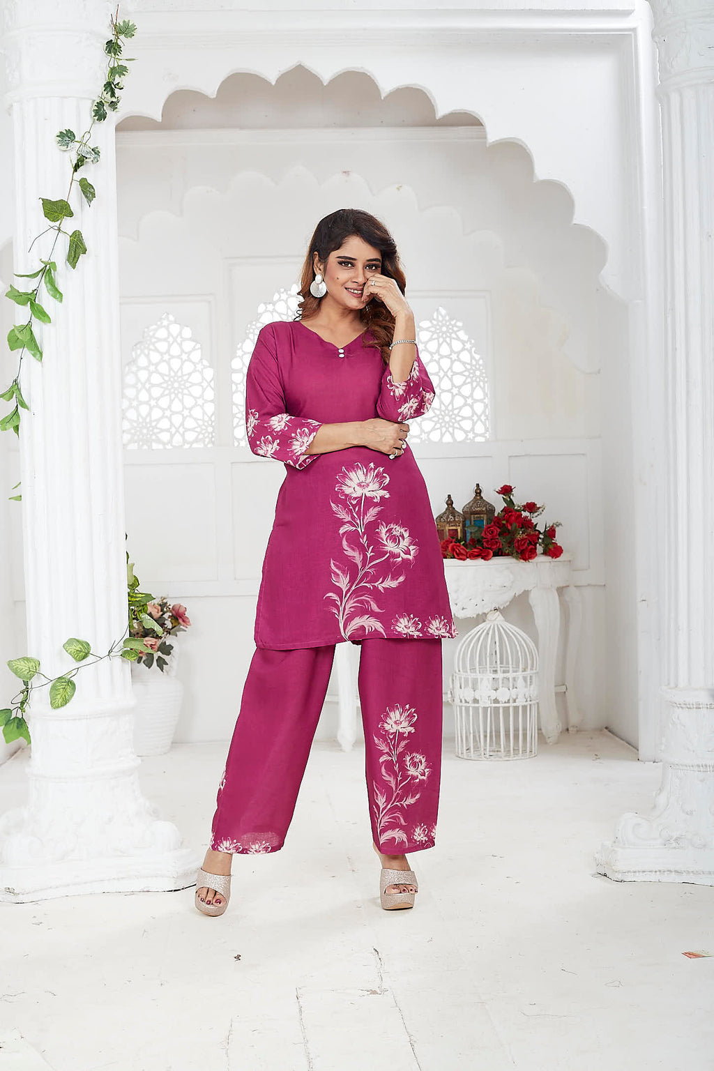 Magenta Linen Khadi Floral Co-ord Set for Women