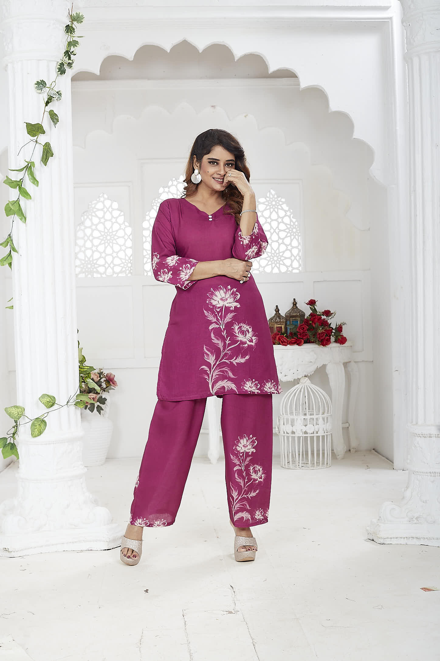 Magenta Linen Khadi Floral Co-ord Set for Women