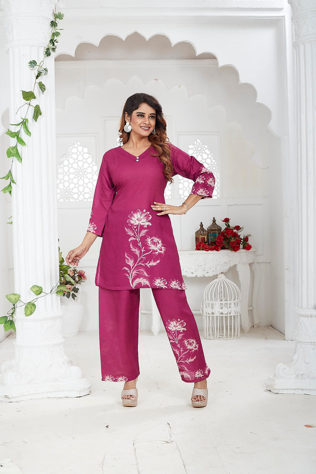 Magenta Linen Khadi Floral Co-ord Set for Women