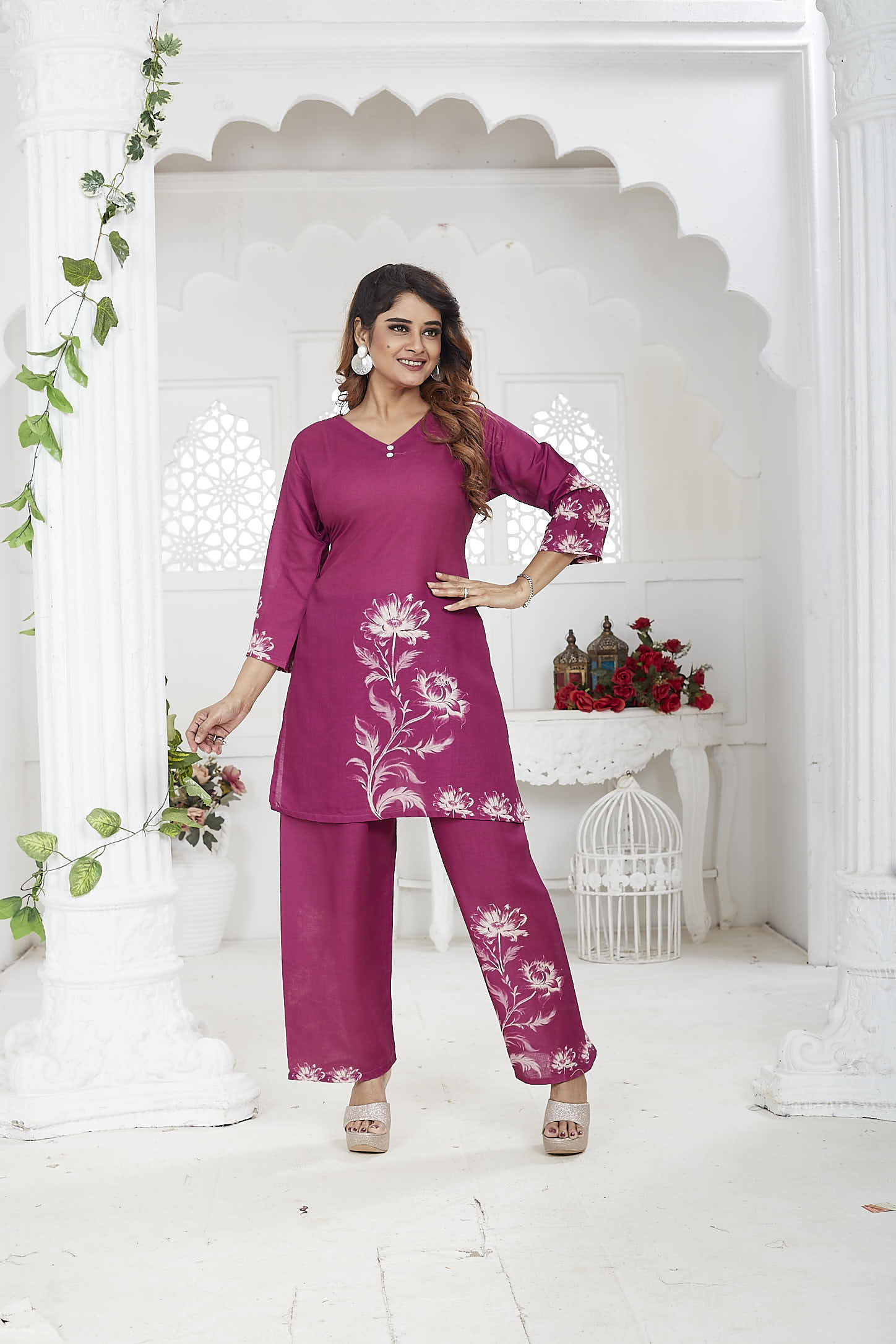 Magenta Linen Khadi Floral Co-ord Set for Women