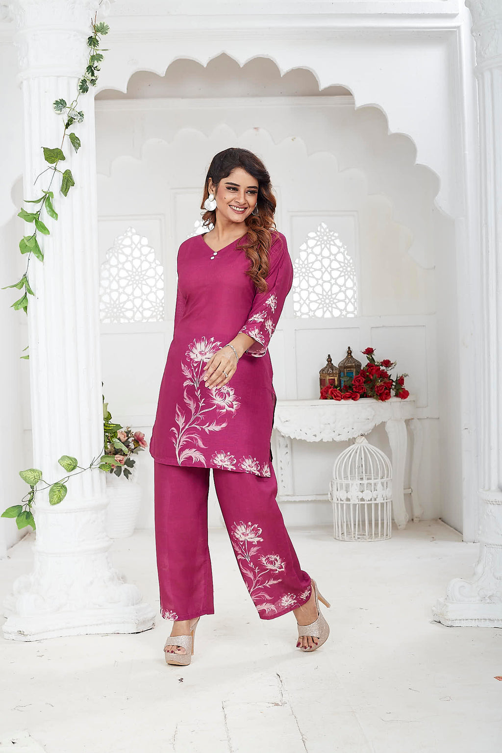Magenta Linen Khadi Floral Co-ord Set for Women