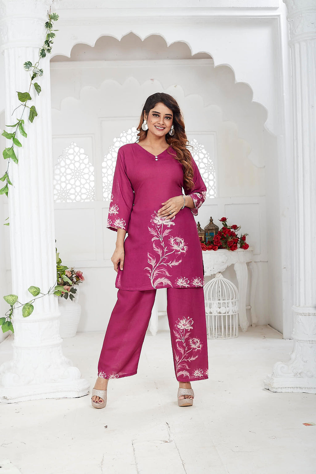 Magenta Linen Khadi Floral Co-ord Set for Women