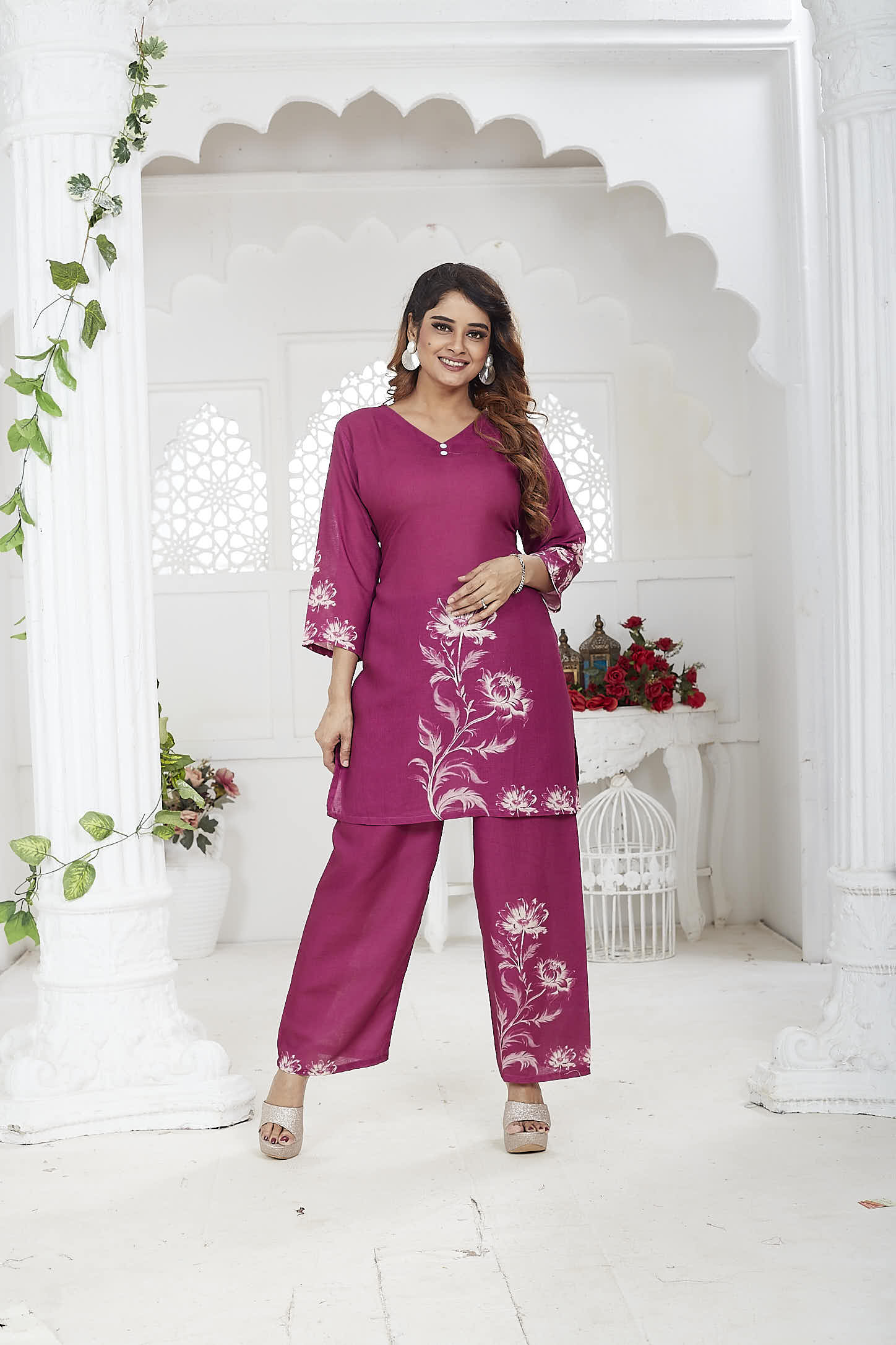 Magenta Linen Khadi Floral Co-ord Set for Women