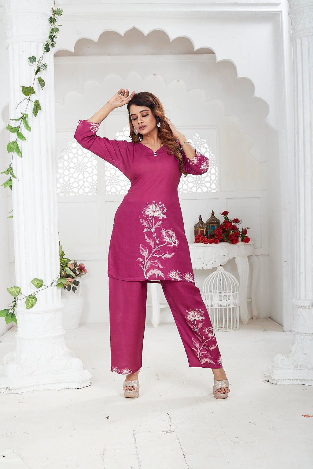 Magenta Linen Khadi Floral Co-ord Set for Women