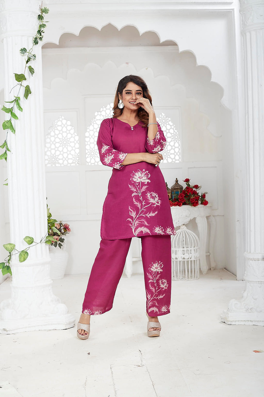 Magenta Linen Khadi Floral Co-ord Set for Women