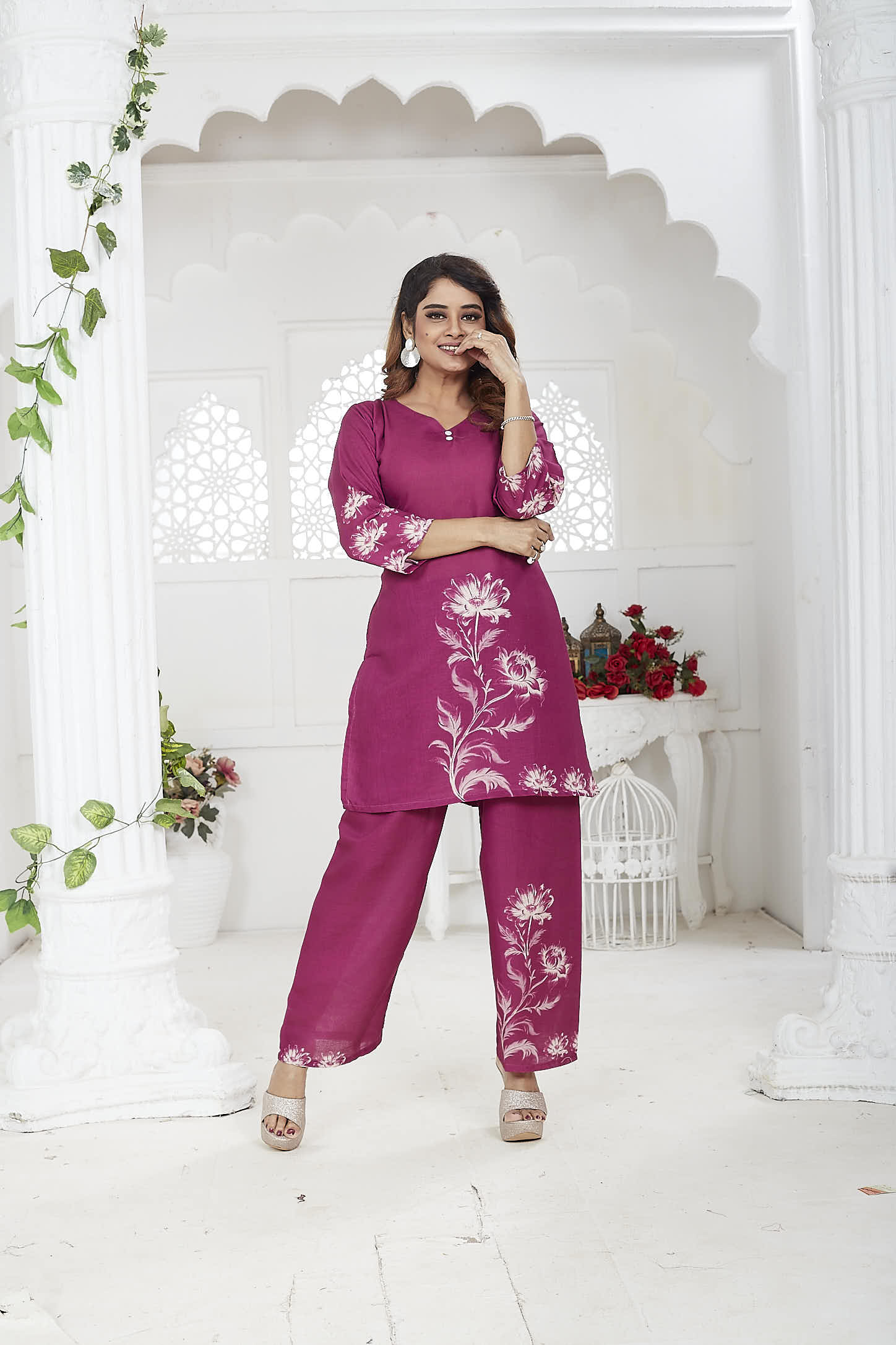 Magenta Linen Khadi Floral Co-ord Set for Women