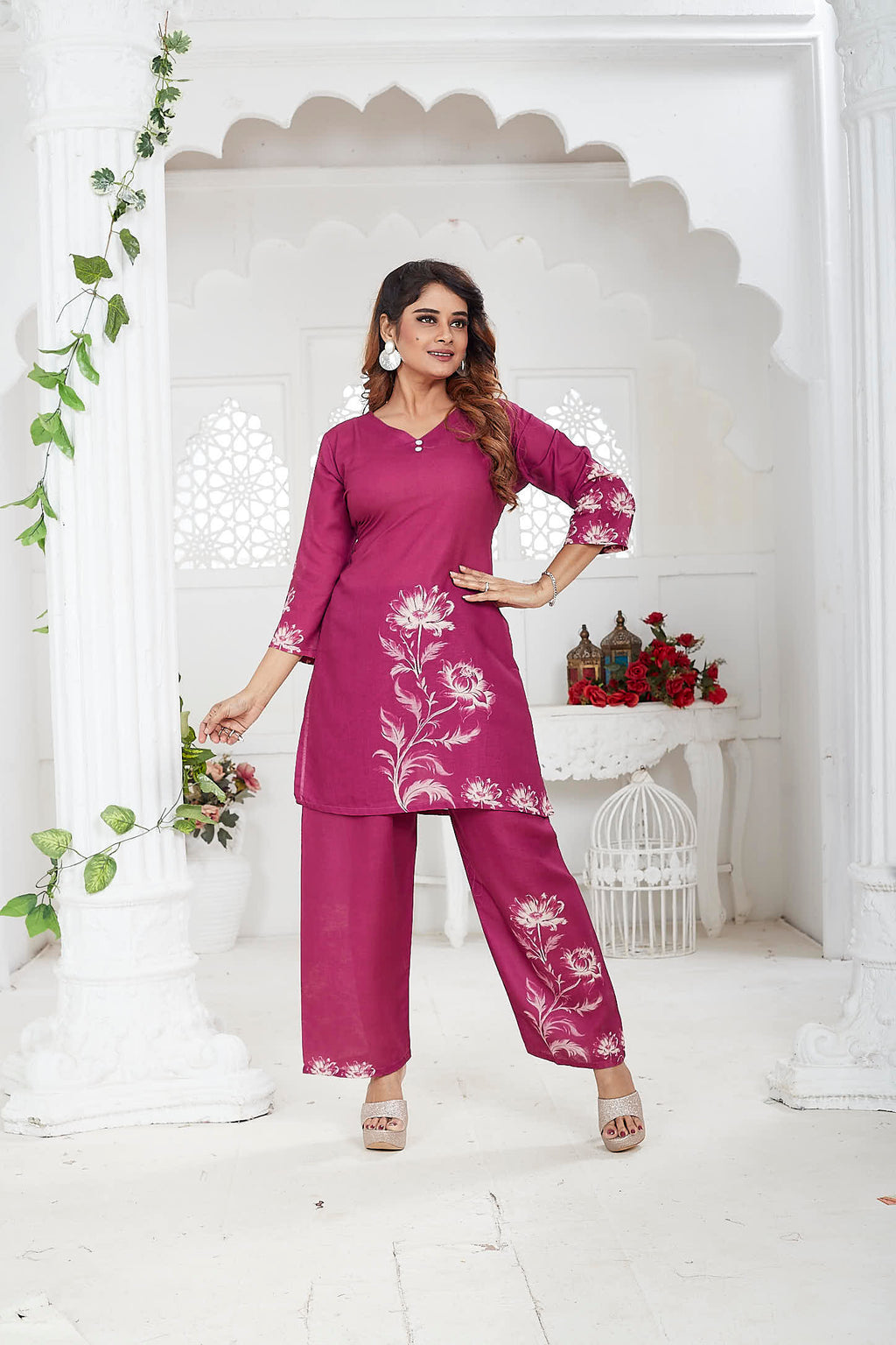 Magenta Linen Khadi Floral Co-ord Set for Women