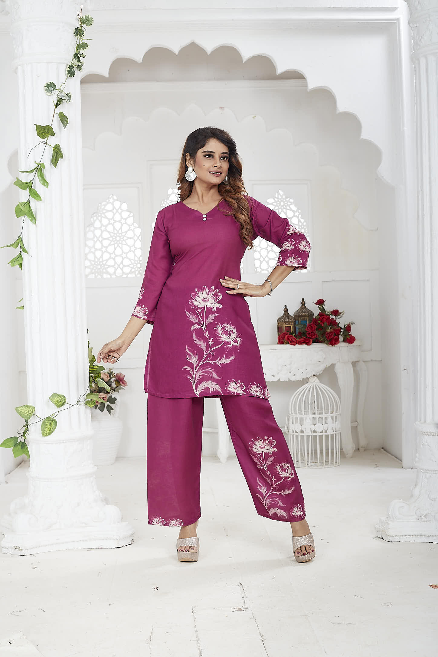 Magenta Linen Khadi Floral Co-ord Set for Women