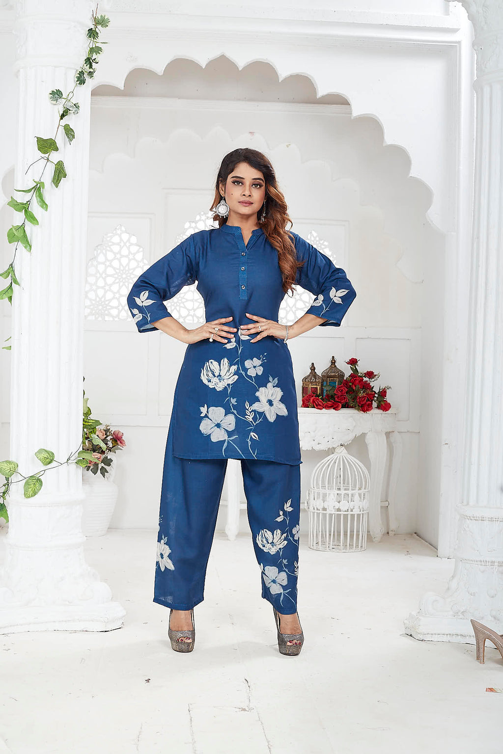 Navy Blue Floral Linen Khadi Co-ord Set for Women