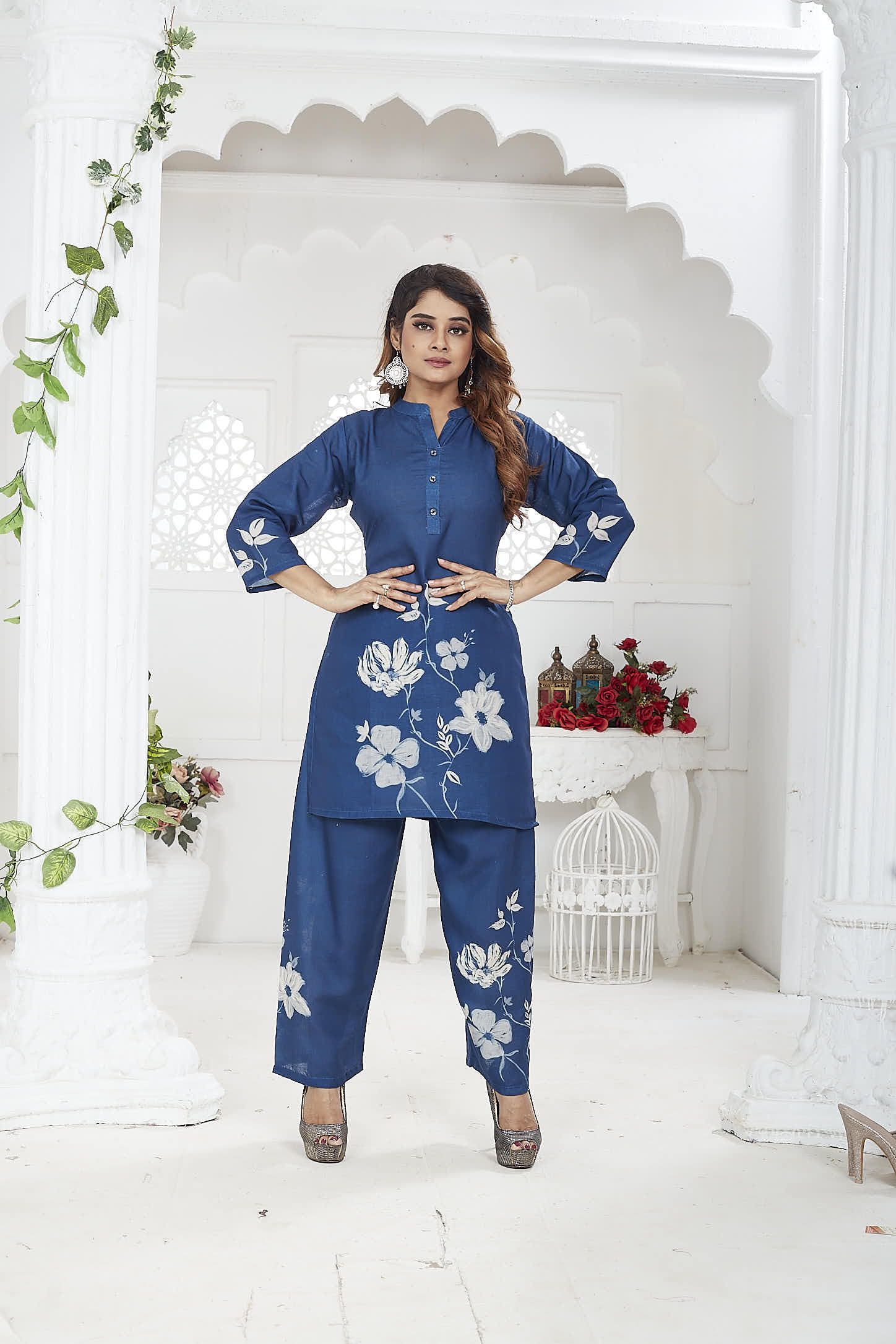 Navy Blue Floral Linen Khadi Co-ord Set for Women
