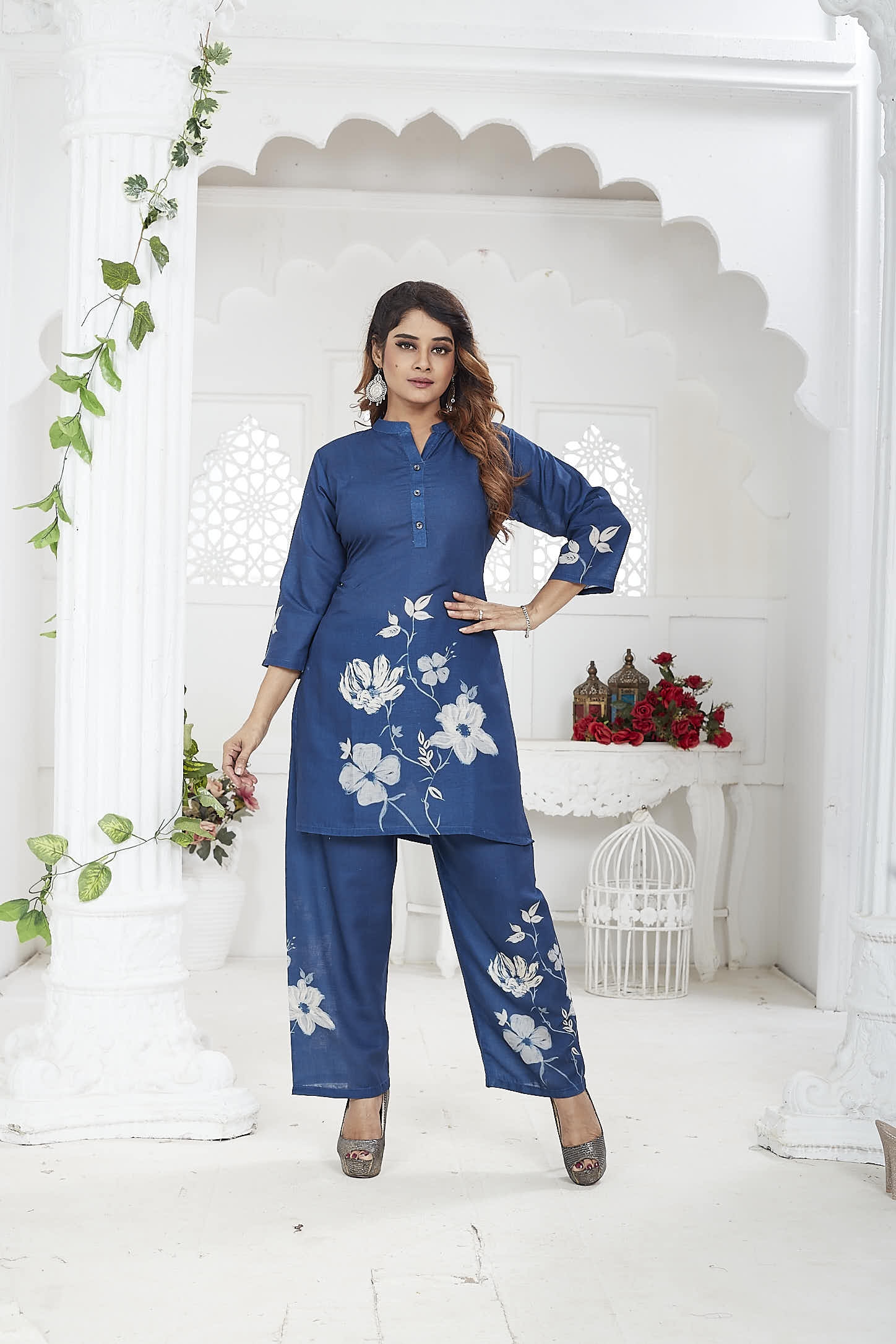 Navy Blue Floral Linen Khadi Co-ord Set for Women